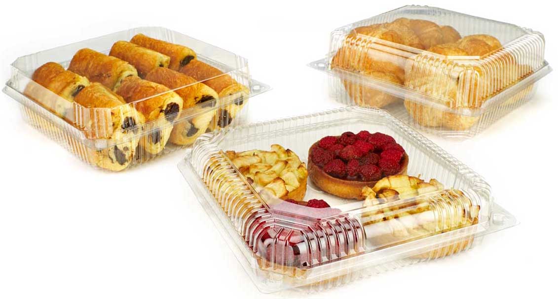 Envases rígidos de bollería y pastelería fabricados con el bioplástico PLA-Premium.