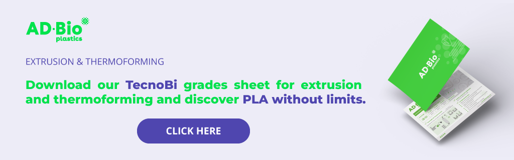 Download banner of the ADBioplastics TecnoBi extrusion and thermoforming grades sheet.